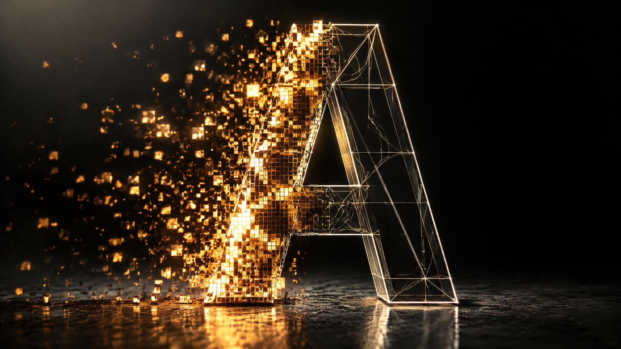 AI font generation concept showing glyphs split between raster pixels and vector outlines