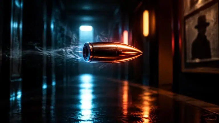 A detailed image of a bullet traveling through a dimly lit corridor, with a glowing muzzle flash and motion blur emphasizing speed and power.