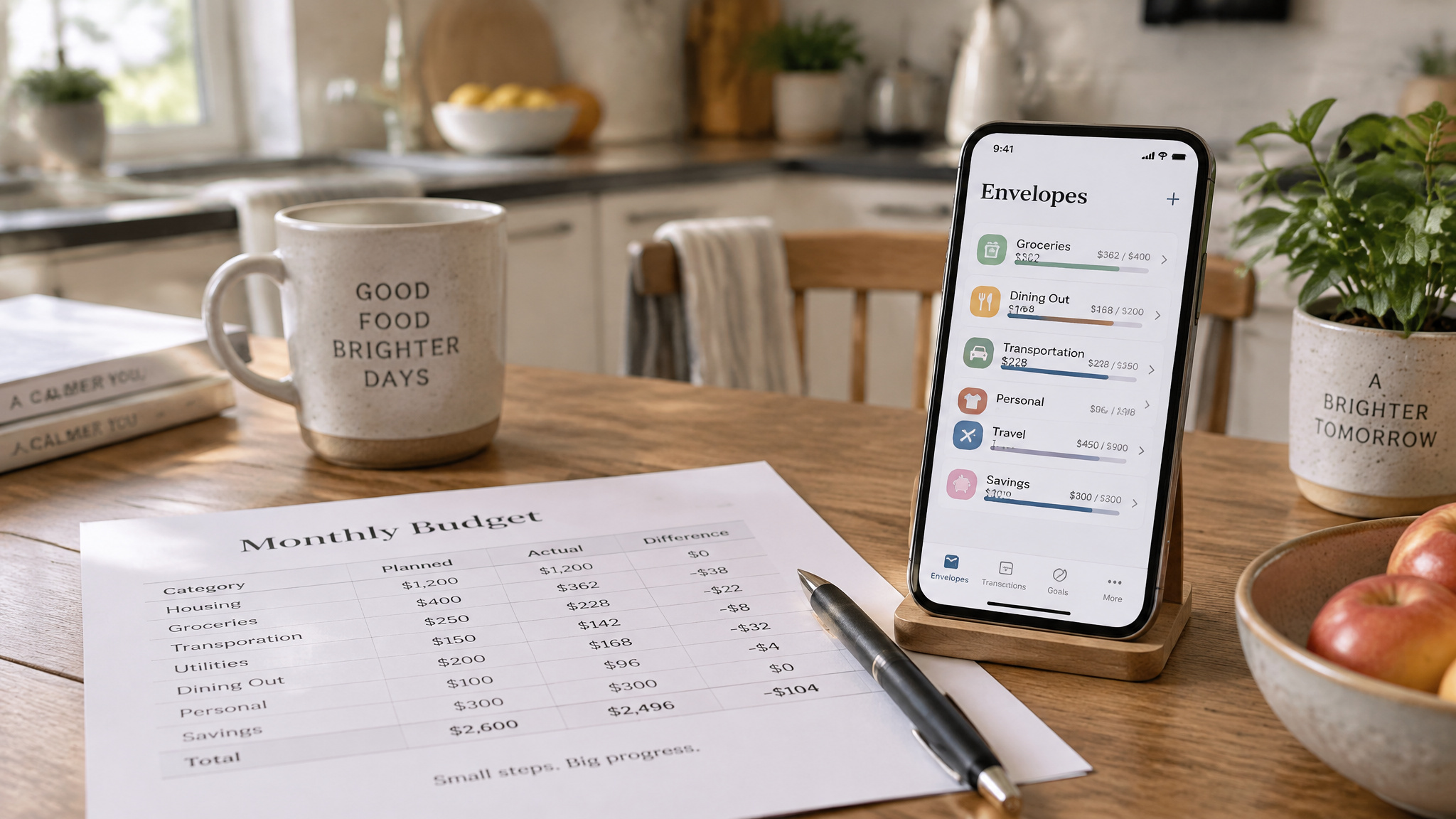 Printed budget worksheet and envelope budgeting app on a table representing free budgeting tools