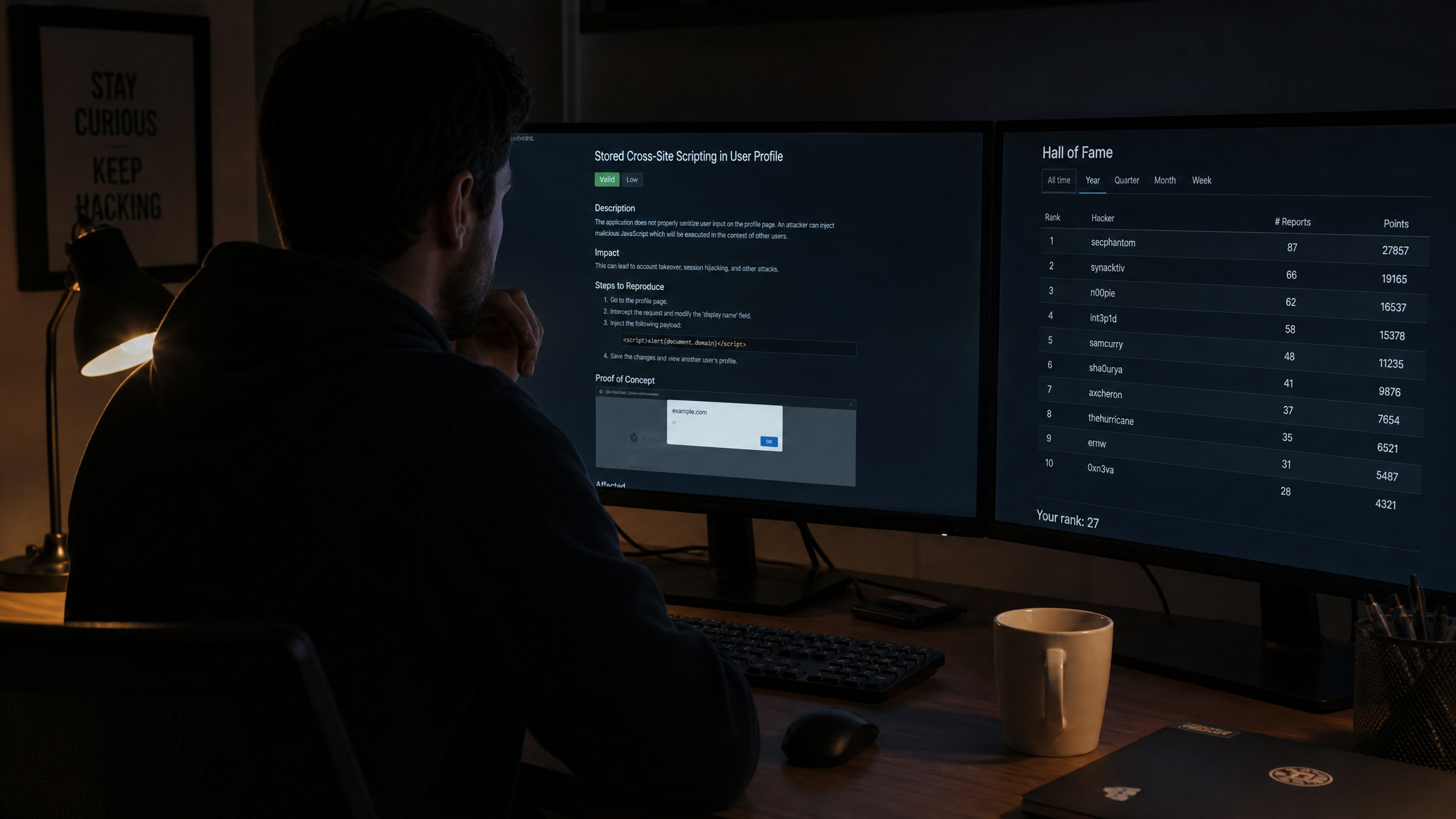 Bug bounty hunter reviewing HackerOne disclosure reports, where variable payouts build a verifiable track record