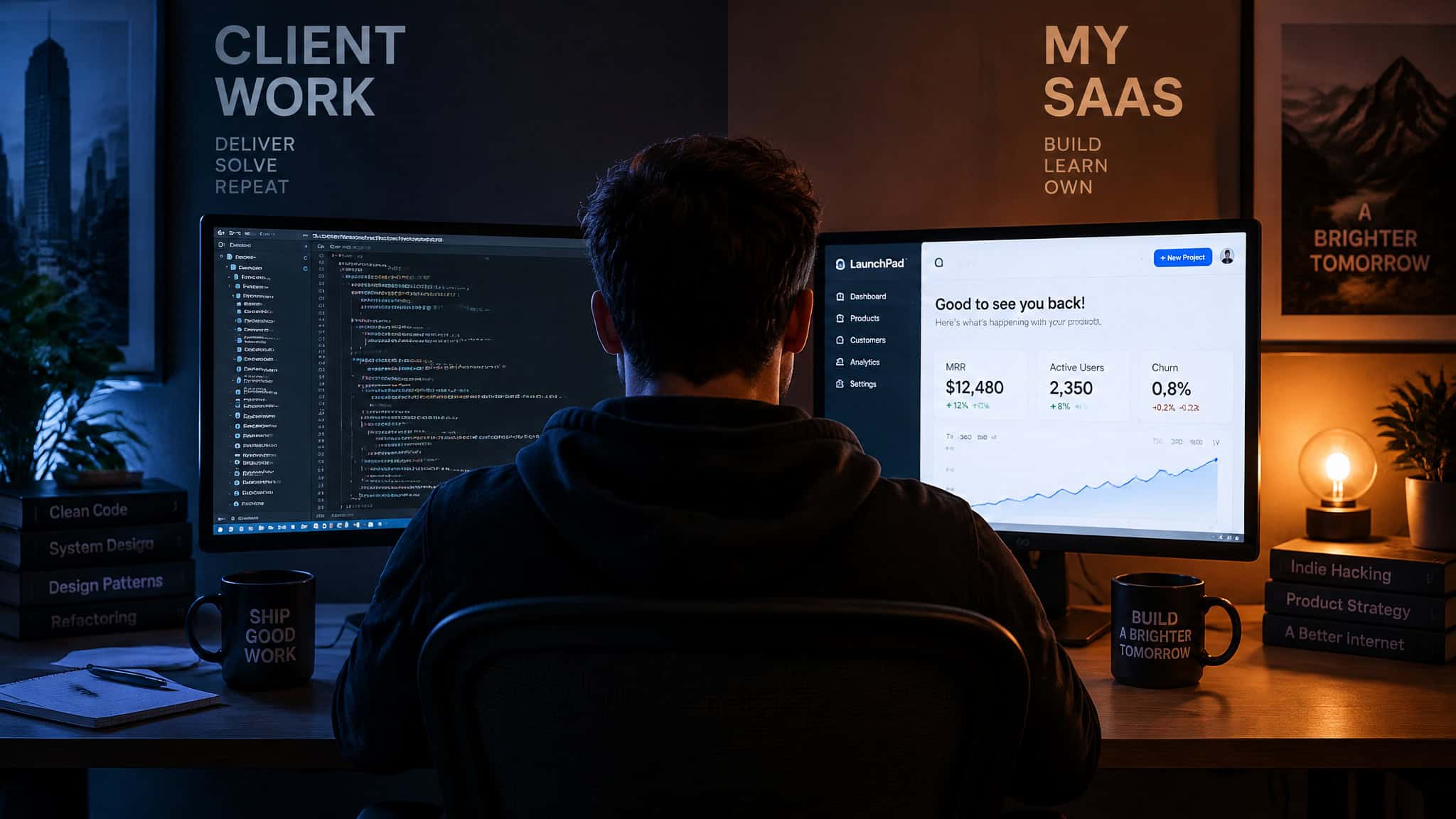 A software developer working late at night on a computer with multiple screens displaying code and analytics, in a dimly lit office environment.