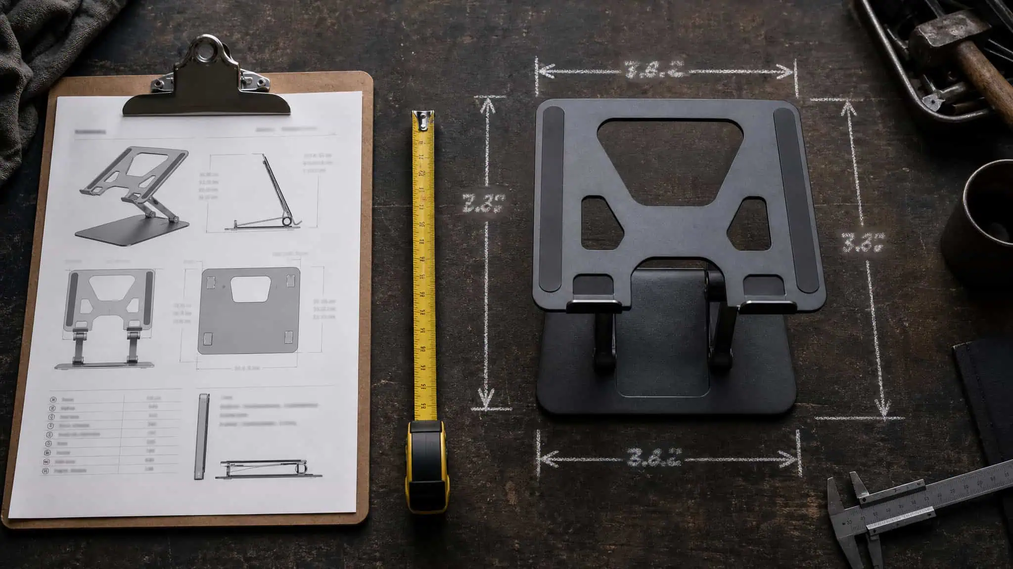 Laptop Stand Specs vs Marketing: What 20+ Tested Models Actually Measured 2 A black adjustable laptop stand on a dark surface with measurement markings, a measuring tape, and assembly instructions nearby, ideal for ergonomic workspace setup.