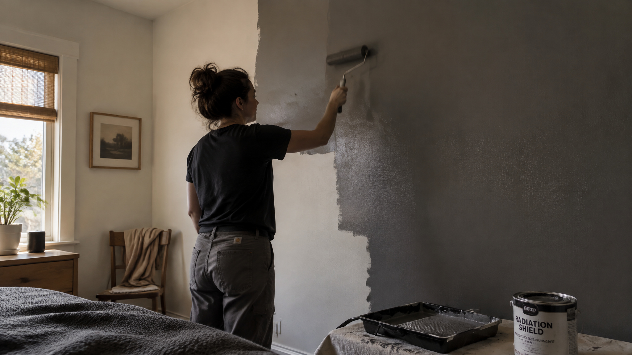 How Does EMF Protection Work? The Physics of Shielding — and the Tradeoff Nobody Mentions 3 Conductive EMF shielding paint being applied to a bedroom wall during a whole-room shielding project
