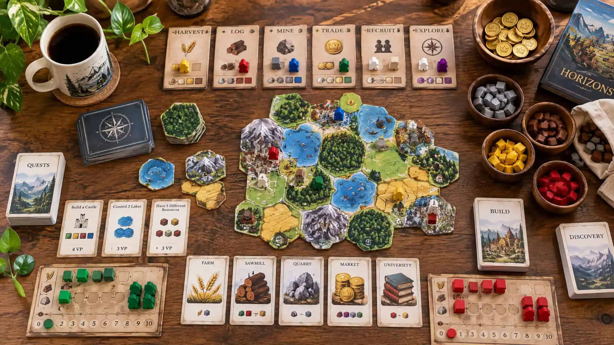 Game Mechanics: Why No One Can Agree on a Definition (Chess to Hades II) 3 Detailed image of a board game setup with colorful tiles, cards, tokens, and game pieces for strategic gameplay at GeekExtreme.