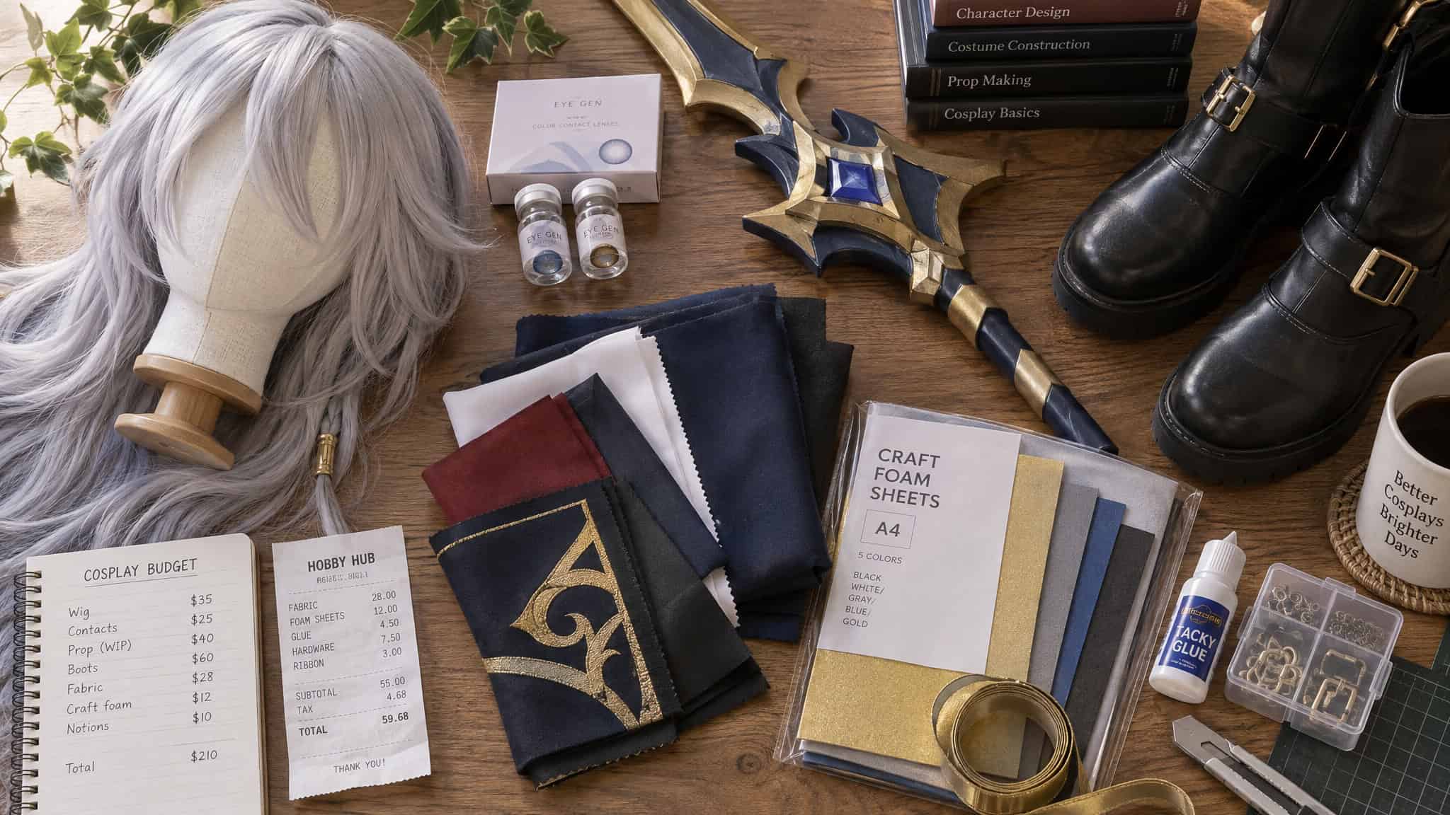 All-in cosplay cost breakdown with wig, lenses, props, and craft supplies laid out on a table