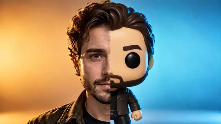 GeekExtreme pop! vinyl figure of a man with a beard, dark hair, and a black eye patch, wearing a black jacket, set against a colorful background.