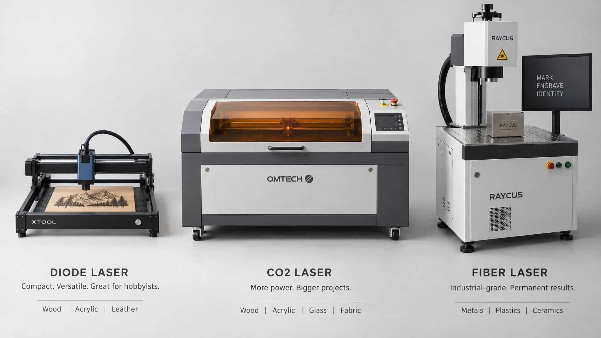 Is Laser Engraving Profitable? Why the 60% Tumbler Margin Isn't Your Business Margin 5 Image of a diode, CO2, and fiber laser cutting machines used for various materials including wood, acrylic, leather, metals, plastics, and ceramics.