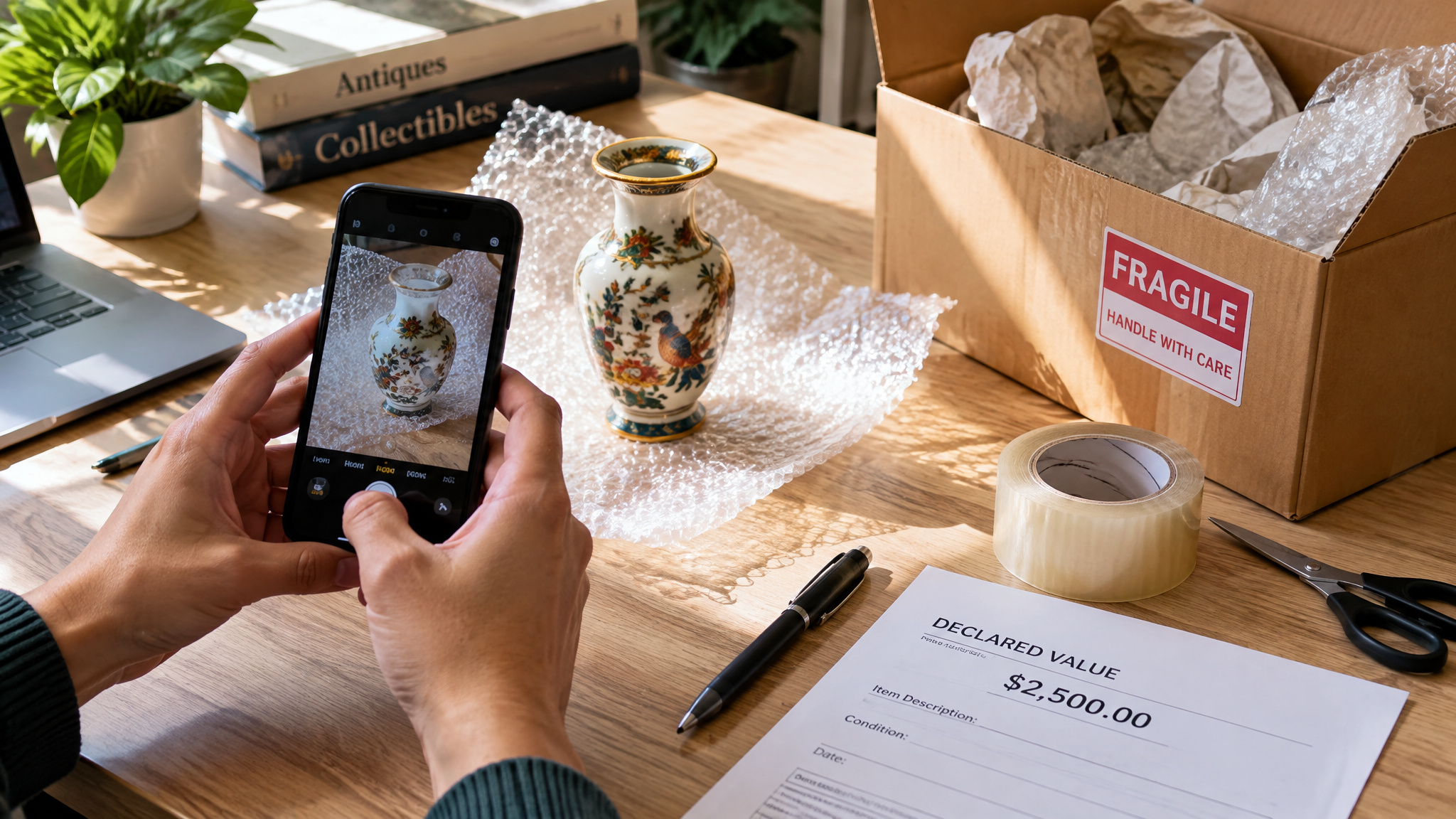 How to Ship Collectibles: The Four-Layer Packing System That Keeps Value Intact 4 Sender documenting a collectible's condition and declared value before sealing the box for a damage claim