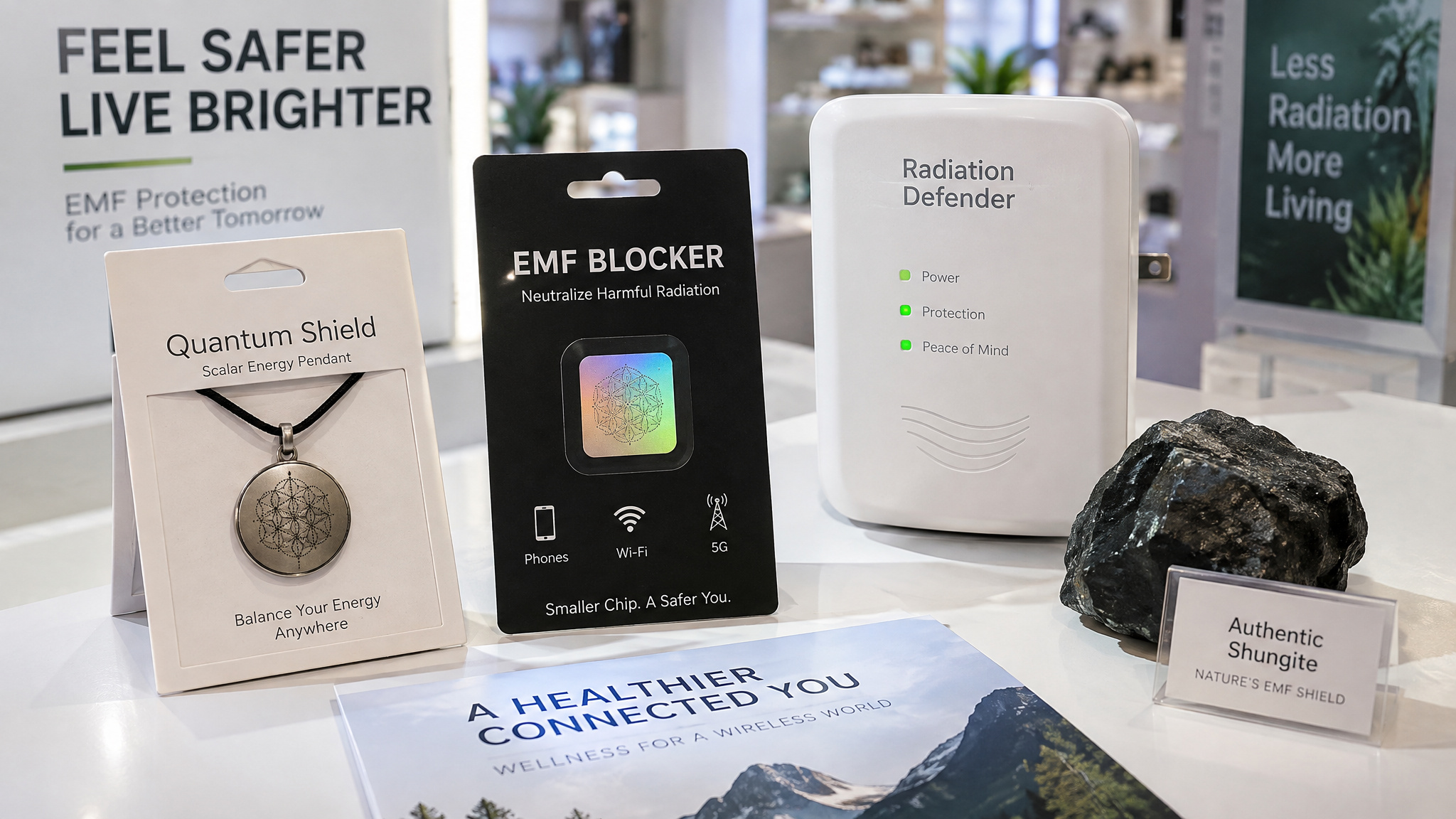 How Does EMF Protection Work? The Physics of Shielding — and the Tradeoff Nobody Mentions 4 Assortment of EMF pendants, stickers, and harmoniser plugs that lack any measurable shielding mechanism