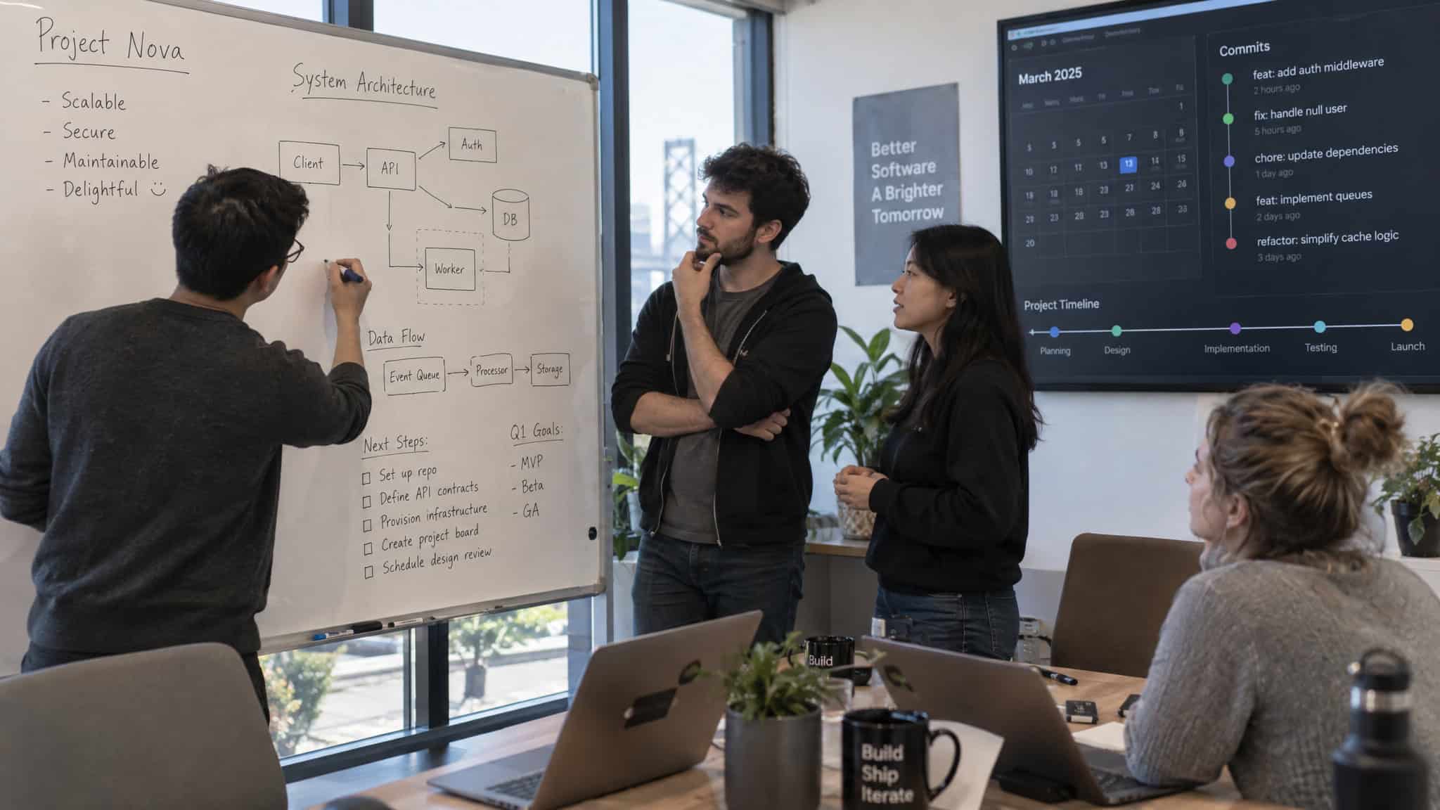 A diverse team discussing project architecture and system design in a modern office with whiteboard and digital display.