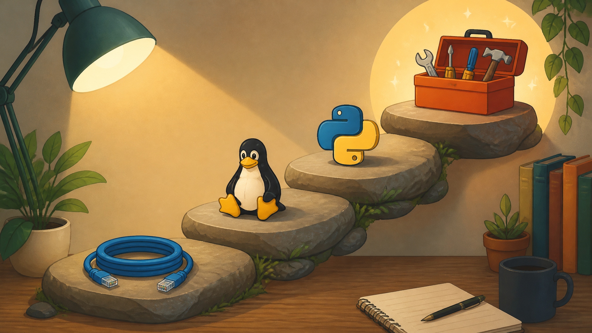 Collection of tech tools and coding items including a Python logo, a penguin mascot, a toolbox with tools, and a coiled cable on a wooden desk with plants and books.