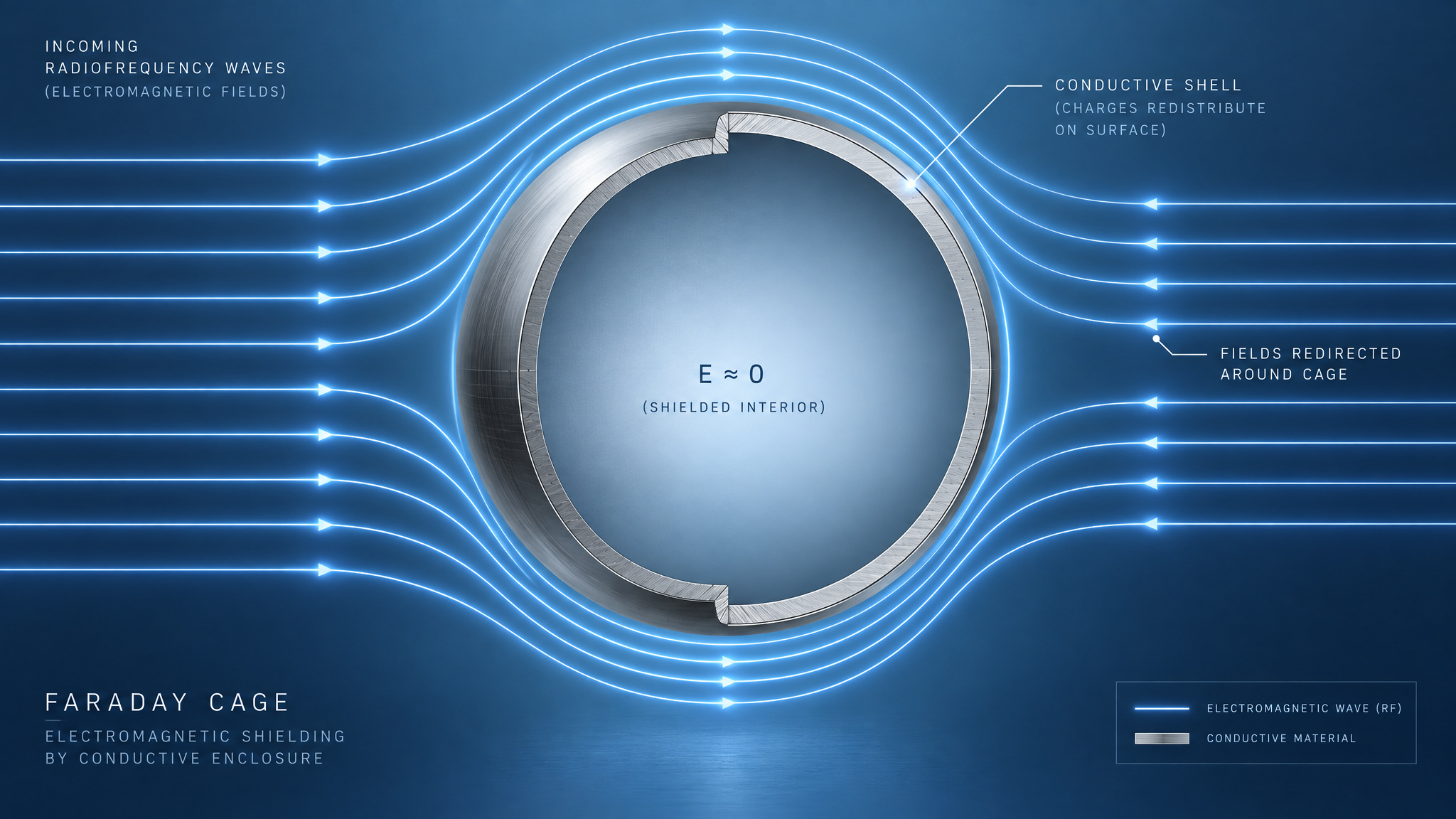 How Does EMF Protection Work? The Physics of Shielding — and the Tradeoff Nobody Mentions 2 Cross-section diagram showing how a Faraday cage redistributes electromagnetic waves around its conductive surface