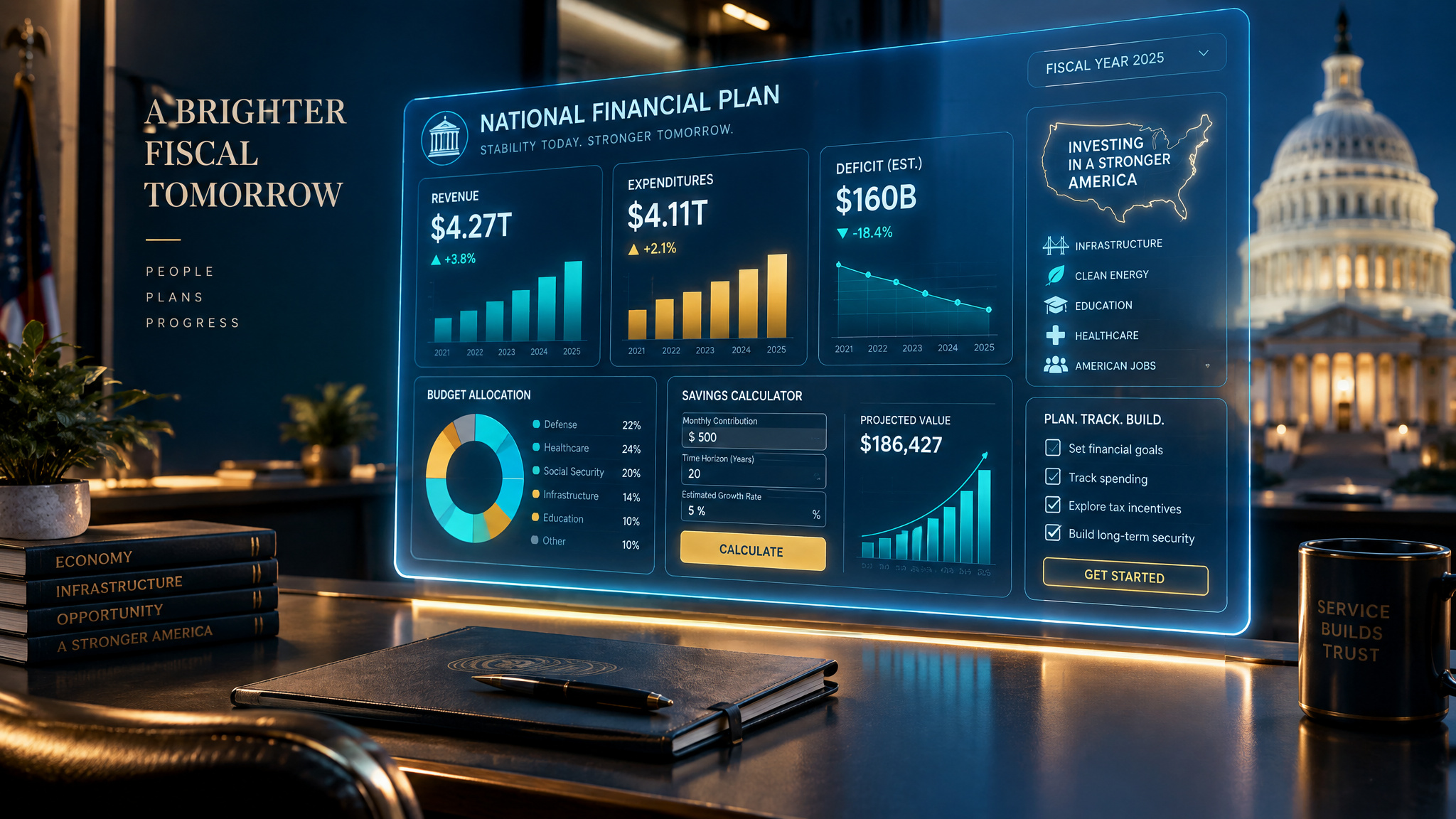 Modern financial dashboard displaying national financial plan, budget allocation, and investment data with graphs and charts.