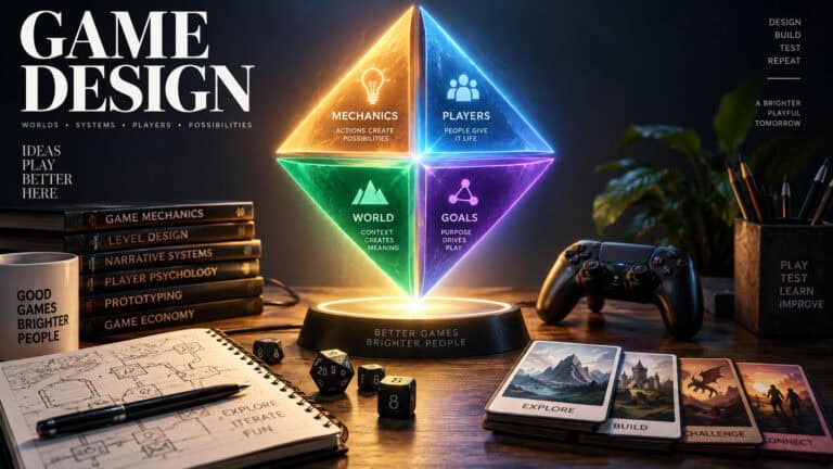 Colorful illuminated game design diagram with gaming controller and sketches on desk, showcasing mechanics, players, world, and goals.