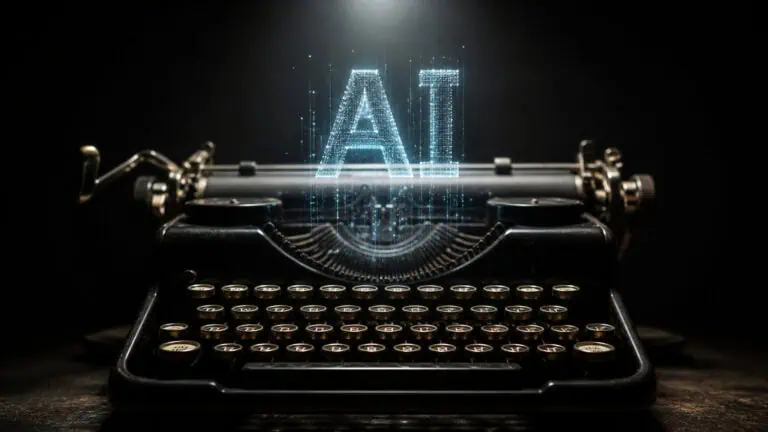 A vintage black typewriter with a glowing digital AI symbol above it, representing the fusion of classic writing tools and modern artificial intelligence technology.