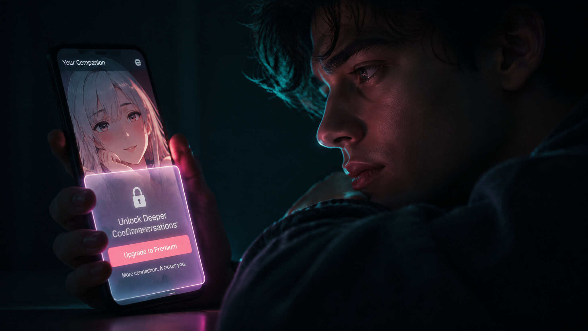 Free AI girlfriend app hero showing a chat interrupted by an upgrade paywall
