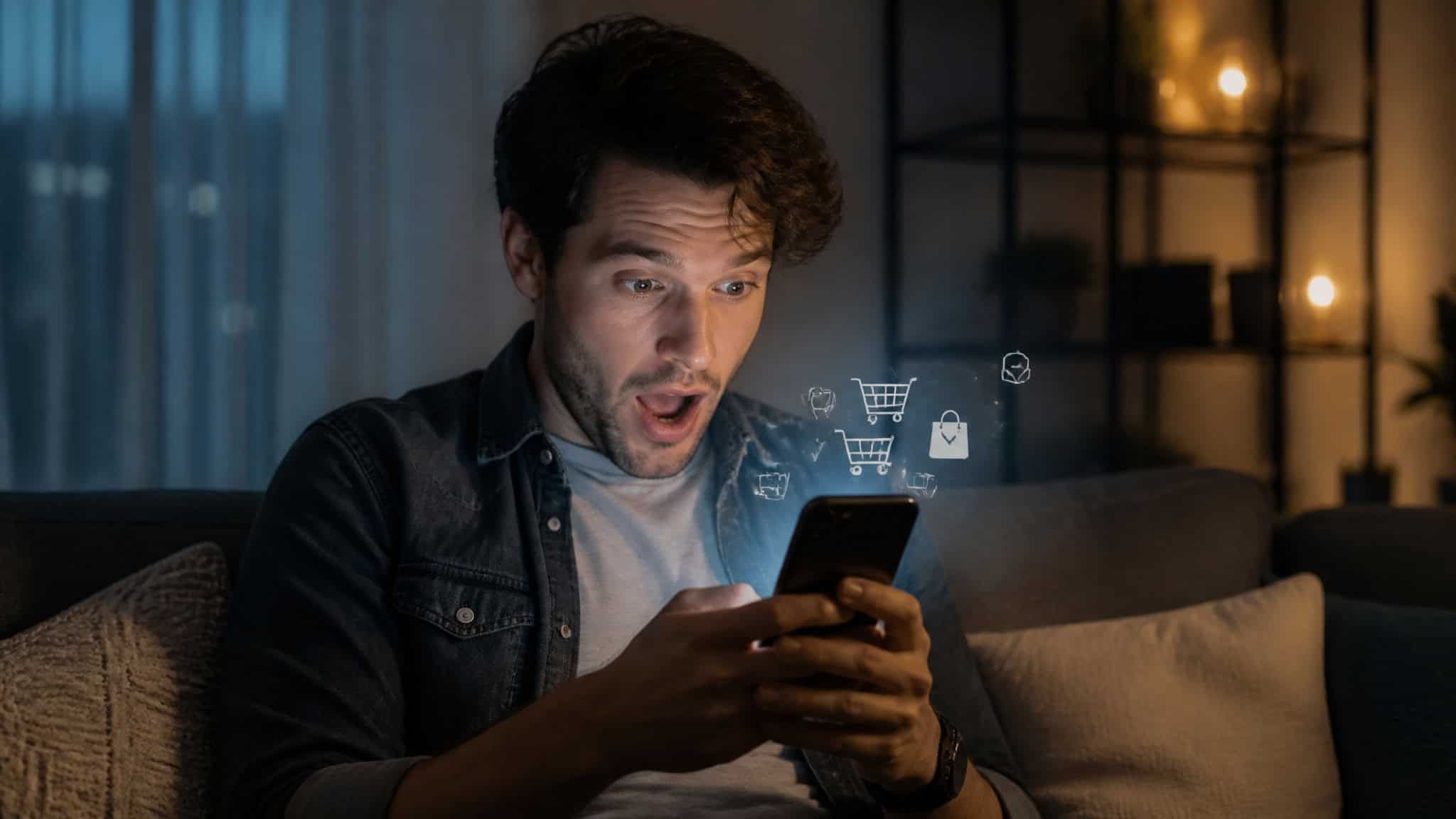 Phone Listening vs. Data Collection: What’s Really Happening? Zuckerberg’s ‘No’ and the 10 Ways Facebook Tracks You Anyway 4 Person on couch looking surprised at a smartphone with floating shopping icons, illustrating the frequency illusion in ads.