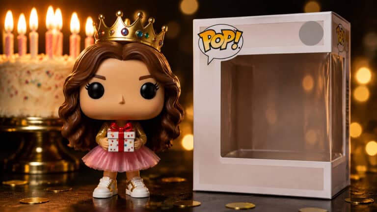 Cute Funko Pop! princess figurine wearing a crown and pink dress, holding a gift box, standing next to an empty display box, with birthday candles in the background.