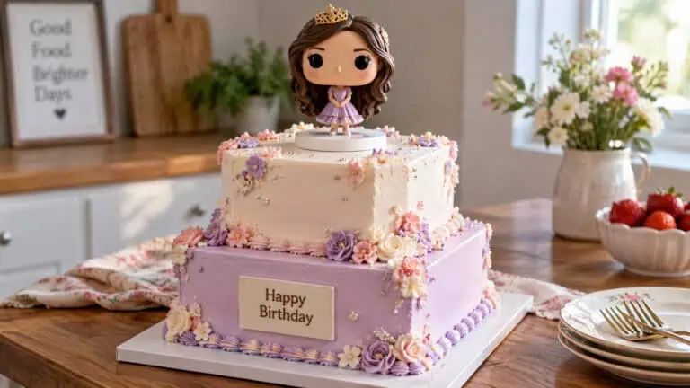 Two-tier birthday cake with pastel purple and white frosting, decorated with flowers and a doll topper, on a wooden table in a bright kitchen.