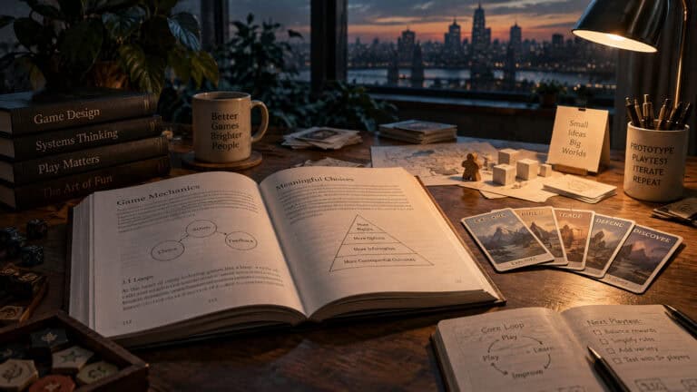 A workspace with game design books, notes, and cards on a desk overlooking a city skyline at sunset.
