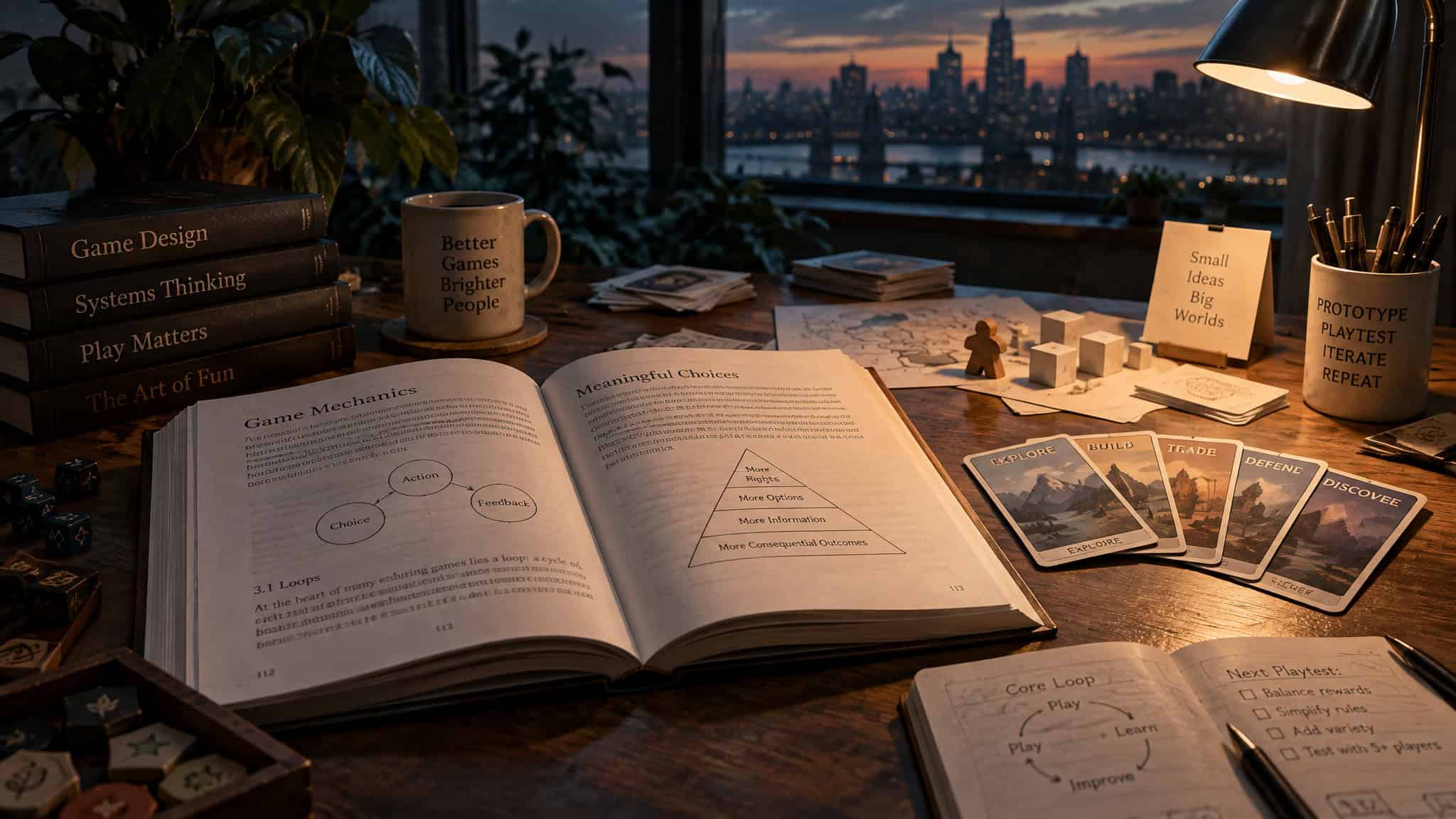 A workspace with game design books, notes, and cards on a desk overlooking a city skyline at sunset.