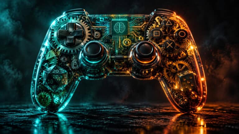 Futuristic gaming controller with glowing gears and vibrant lighting effects, showcasing advanced technology and gaming innovation.
