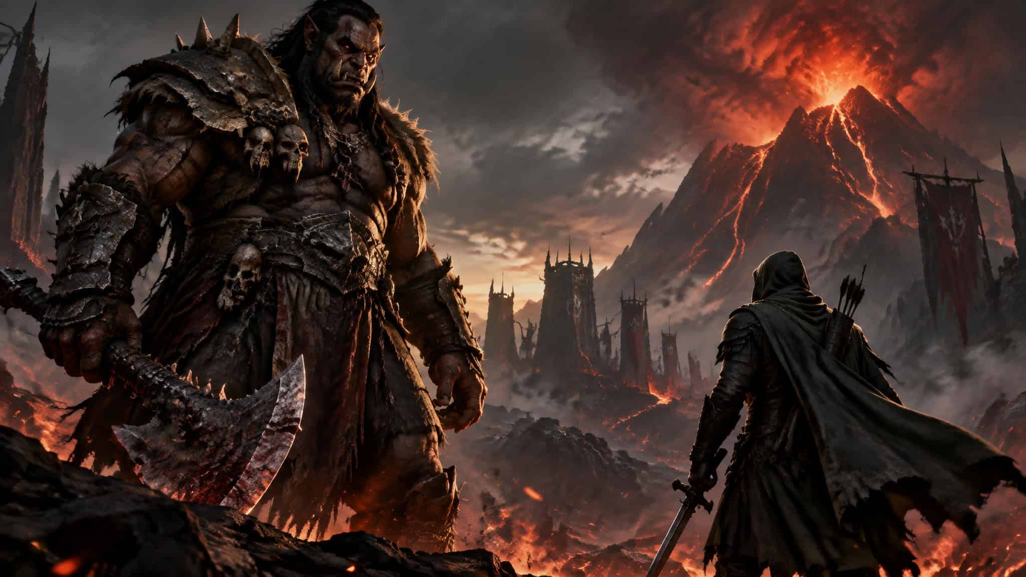 A colossal warrior with armor and axe faces a cloaked figure with a sword against a fiery volcanic mountain backdrop.
