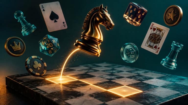 A chess knight piece and various gaming dice and tokens on a checkered surface, illuminated with a glowing effect, representing strategic gaming and board games.