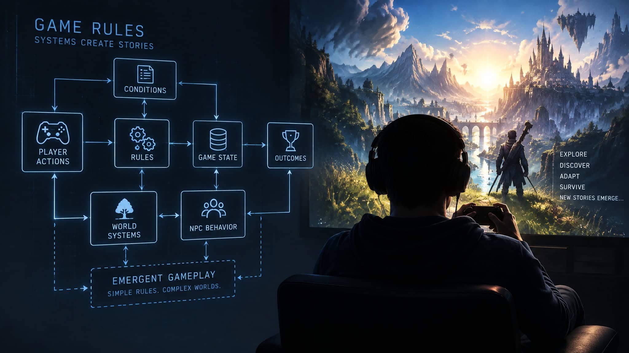 A person wearing headphones playing a video game with a fantasy landscape on the screen, showcasing game rules, world systems, and exploration elements.