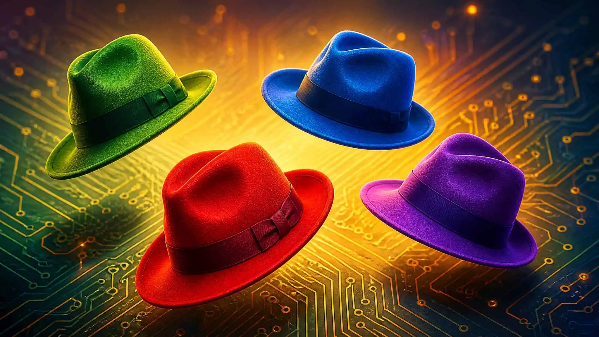 Grey Hat Hacker vs White Hat vs Black Hat: What Each Hat Actually Pays 4 Four vibrant fedora hats in green, blue, red, and purple floating over a digital circuit board background, symbolizing technology and fashion fusion.