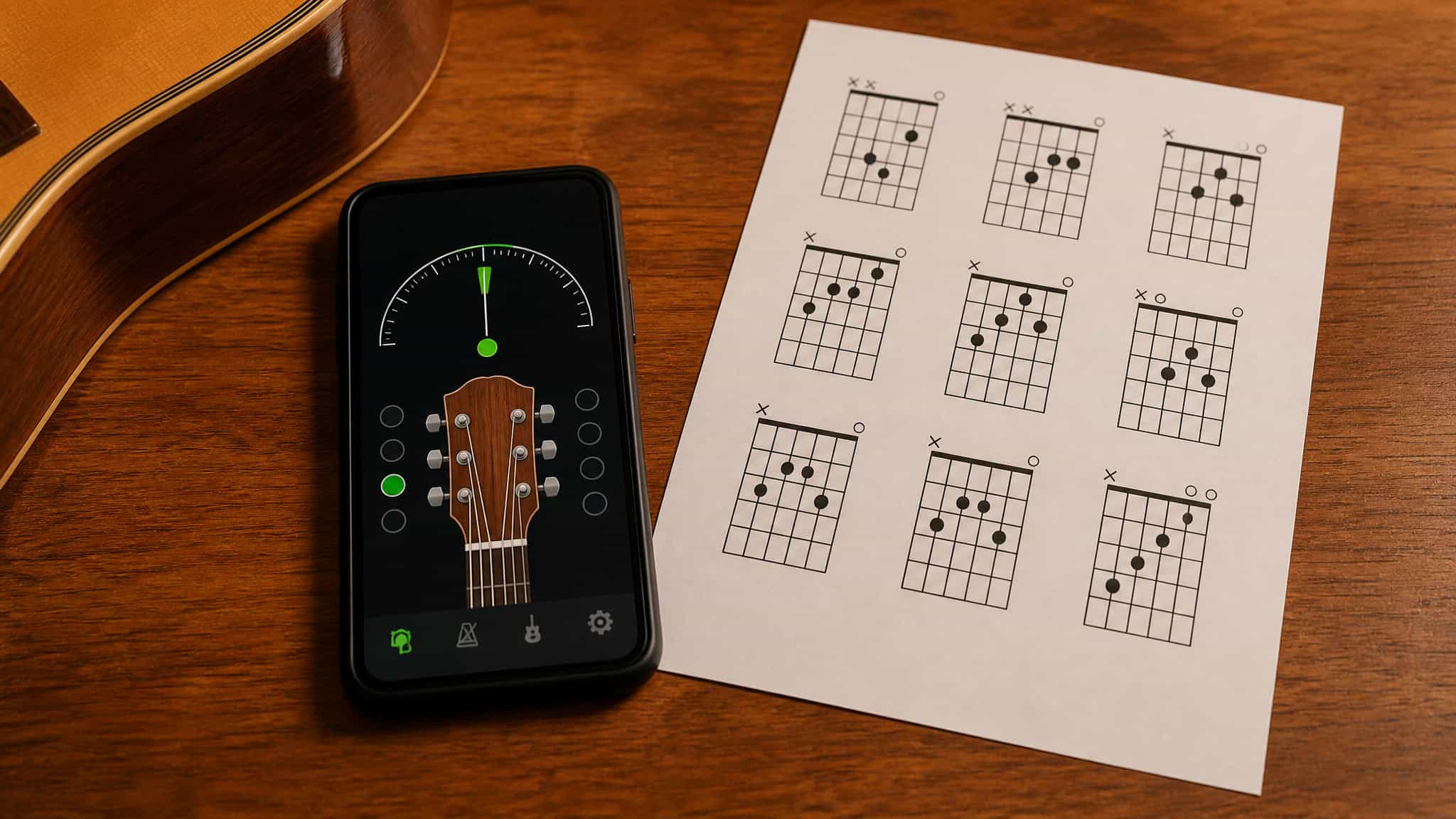 Smartphone showing guitar tuner app beside a guitar chord chart, illustrating microphone permission logic