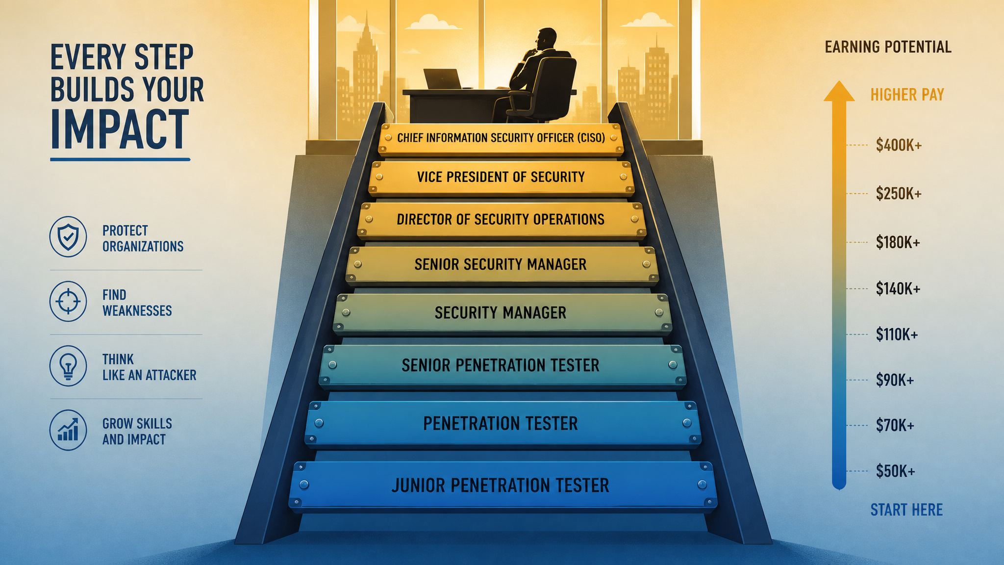 Role title ladder from junior pen tester to CISO showing how titles drive specialization premiums