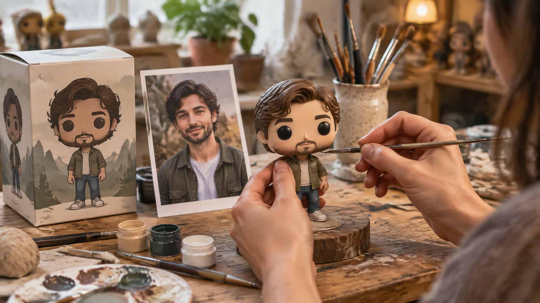 Etsy artisan handcrafting a custom figure from a customer photo with mockup reference