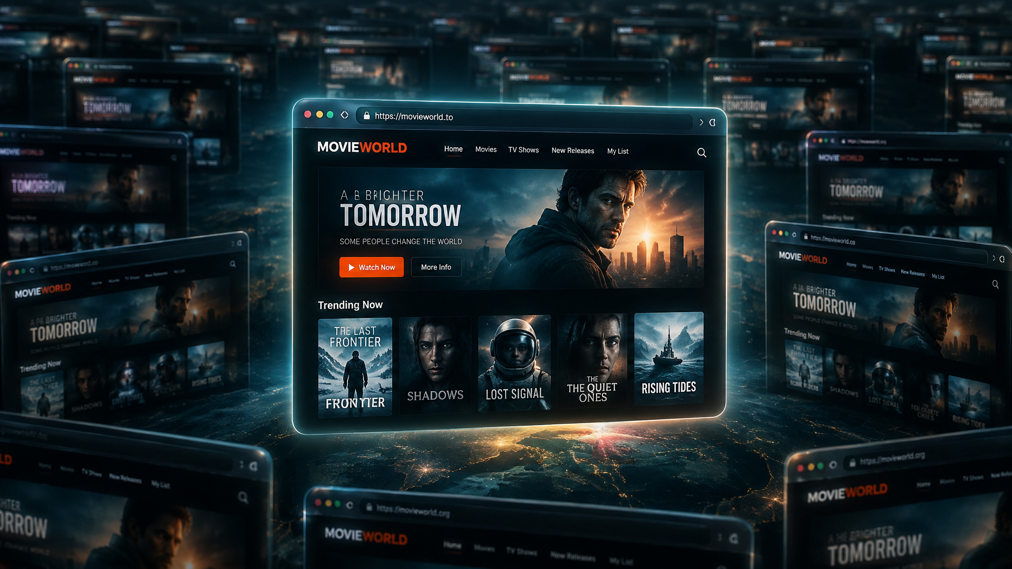 HDToday browser-only streaming site concept with duplicate clone domains, illustrating the article's lookalike domain problem