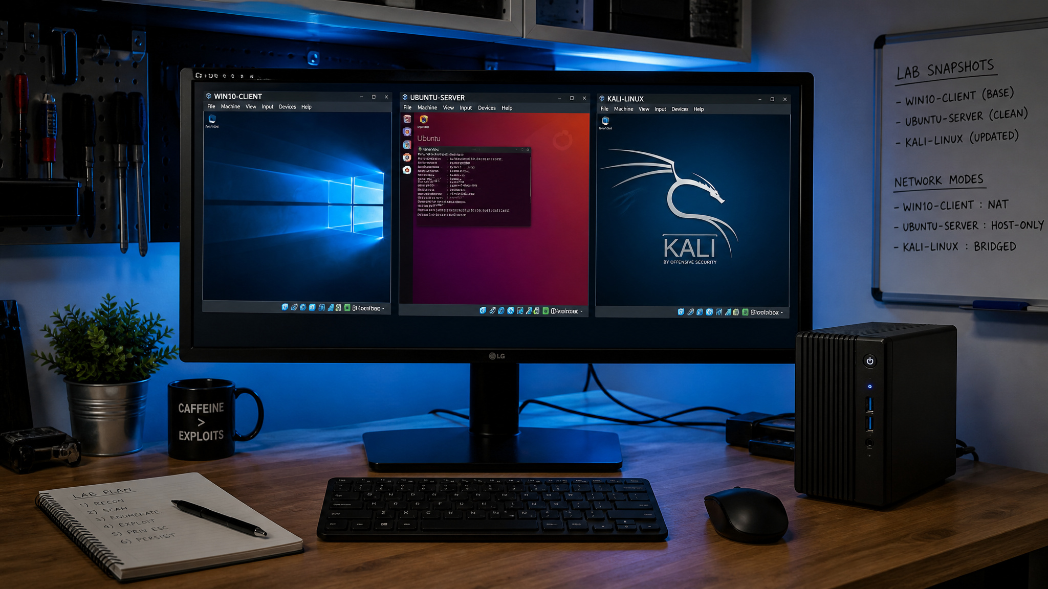 Legal home lab with hypervisor, isolated target VMs, and snapshots for safe hacking practice