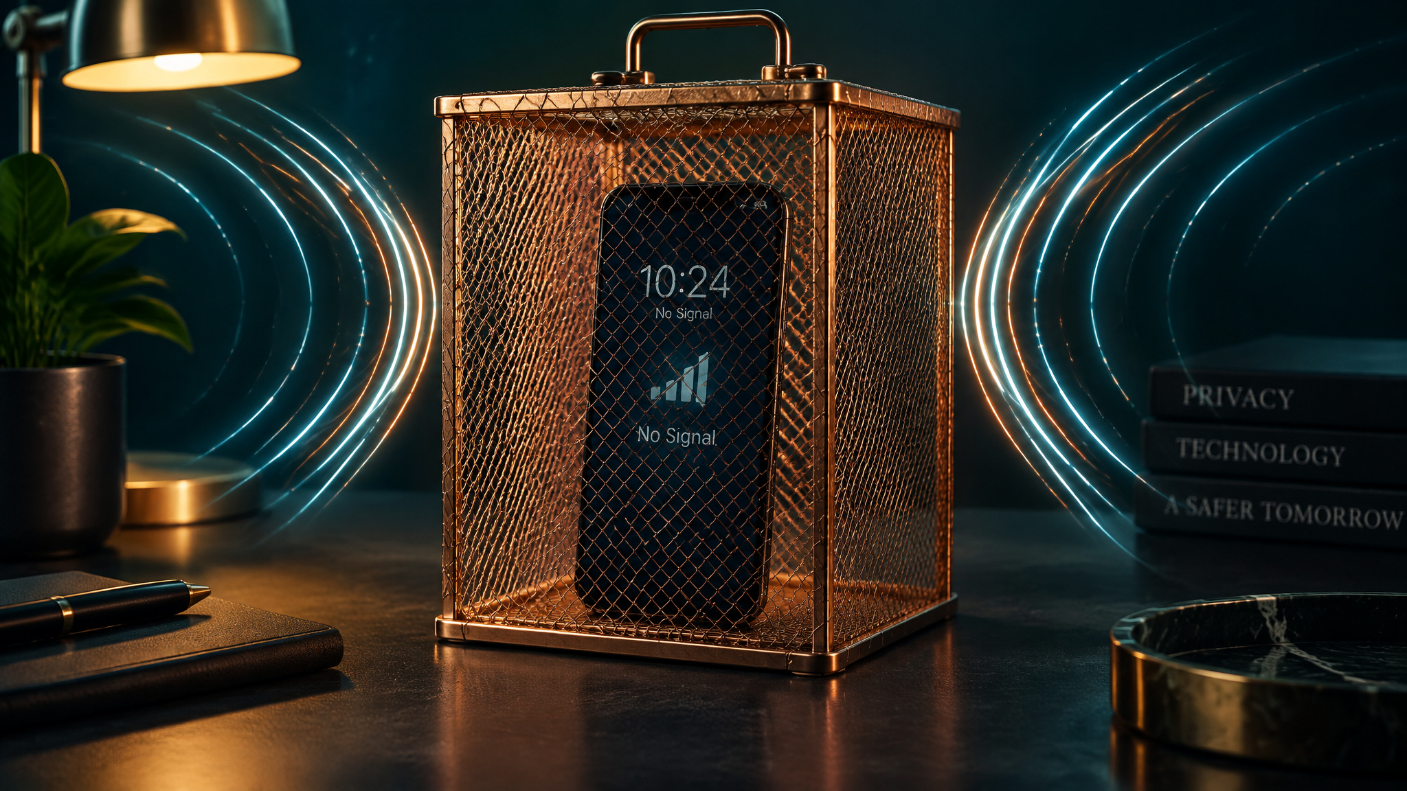 Smartphone inside a copper mesh Faraday cage illustrating real EMF shielding versus fake protection products