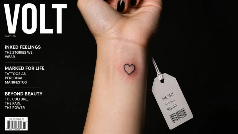 Close-up of a wrist with a small, simple heart tattoo and a price tag reading 'Heart 50.00' against a black background.