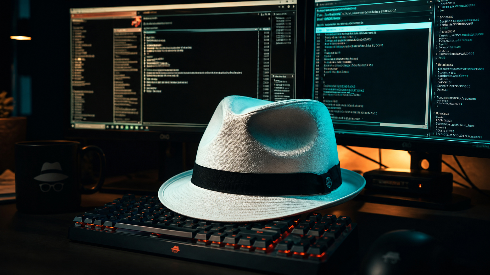 A white fedora hat resting on a keyboard in front of dual computer monitors displaying code, in a dimly lit tech workspace.