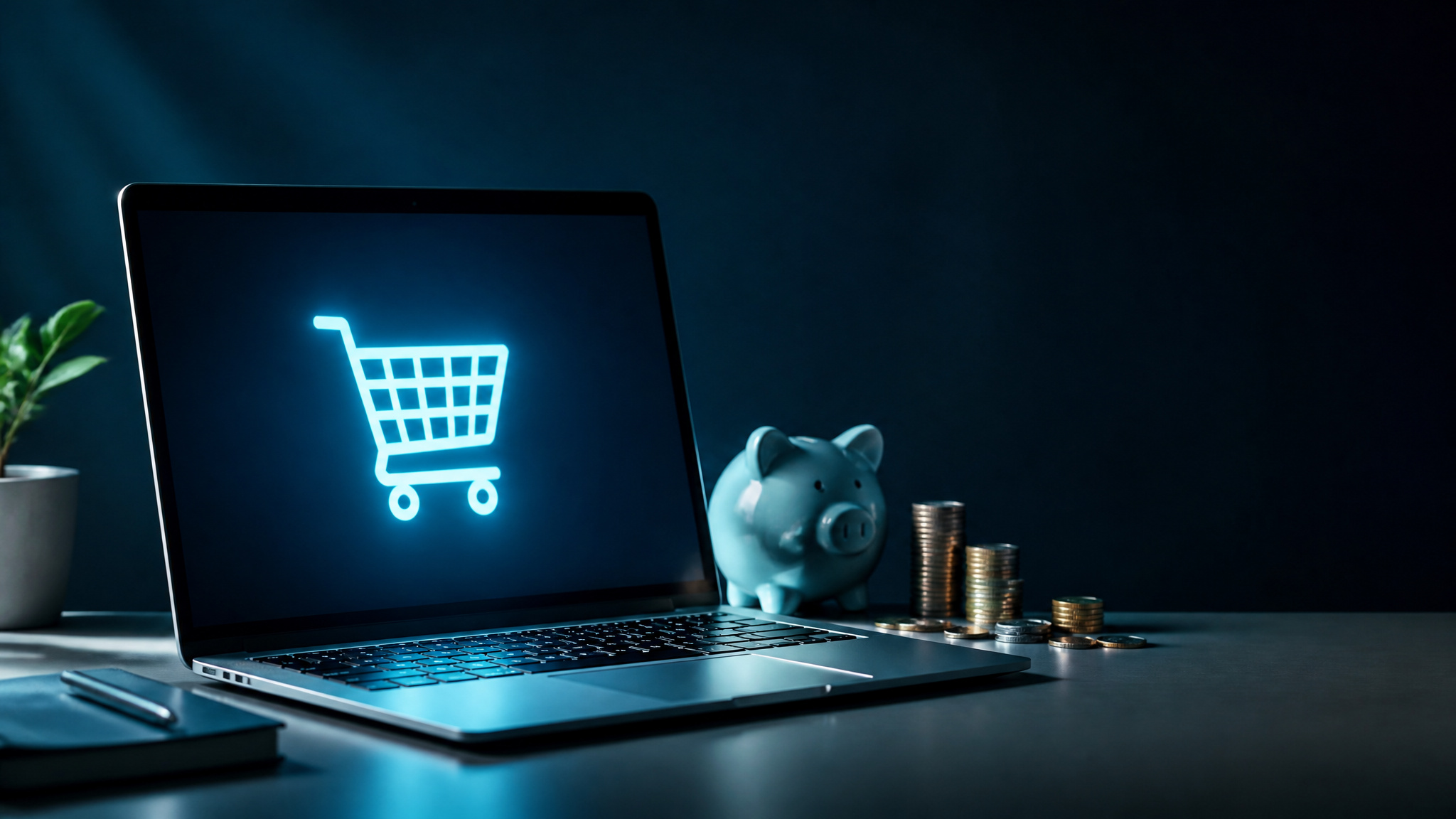 Laptop displaying a shopping cart icon, with a piggy bank and stacked coins beside it, symbolizing online shopping savings and financial management.