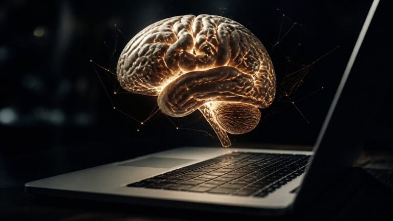 Futuristic digital brain hologram emerging from a laptop, symbolizing artificial intelligence and advanced technology innovation.