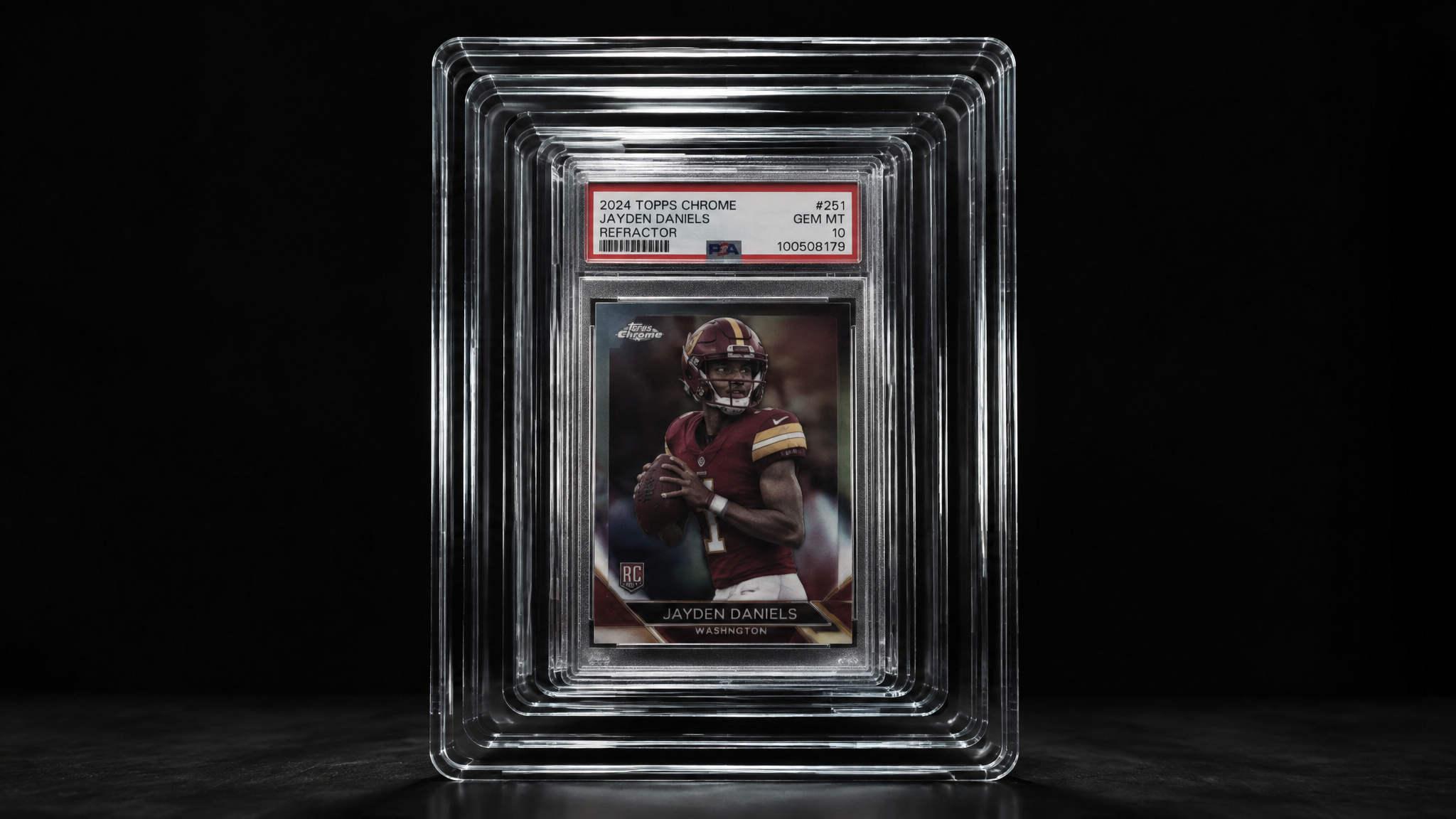 2021 Topps Chrome Jayden Daniels football card encased in a protective plastic holder, showcasing vibrant colors and detailed design.