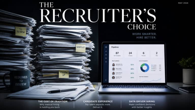 A laptop displaying recruitment analytics with stacks of resumes labeled 'To Review' and 'Follow Up' on a dark background, emphasizing hiring efficiency.