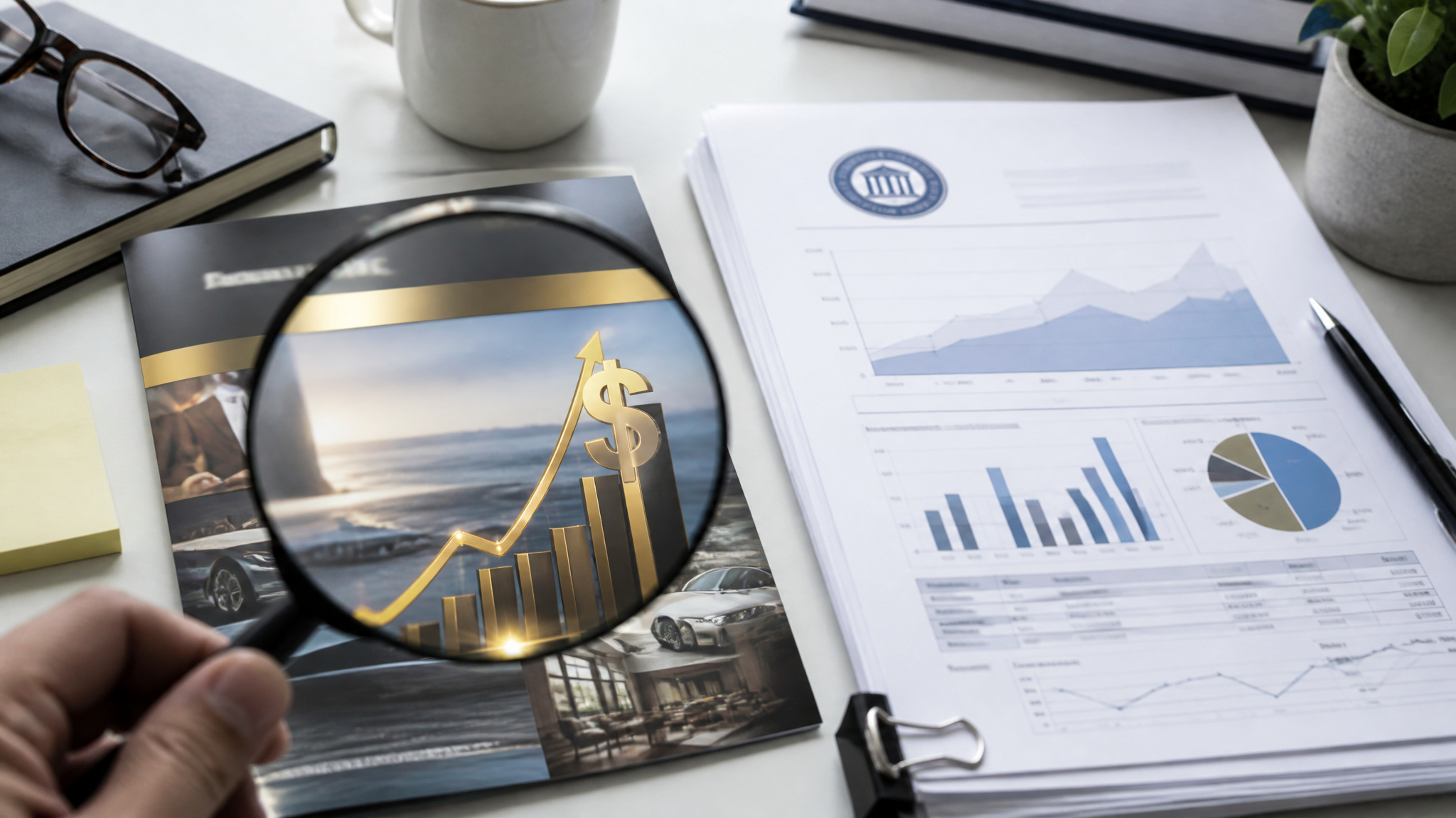 Magnifying glass focusing on a financial growth chart with upward trend and dollar sign, surrounded by business documents and graphs.