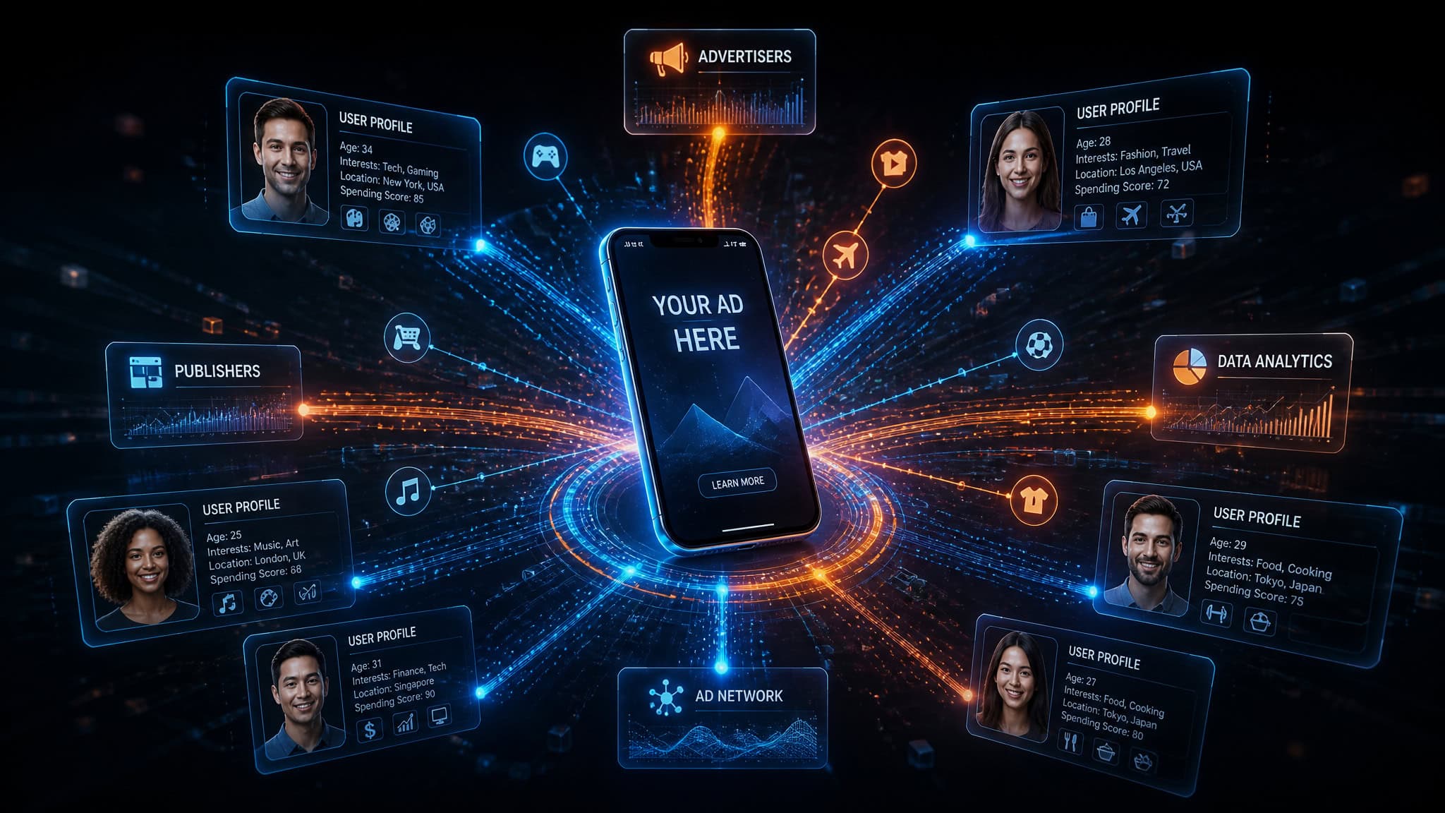 Does Your Phone Listen for Ads? The Evidence Says No 3 Smartphone connected to a network of data profiles illustrating how targeted advertising really works