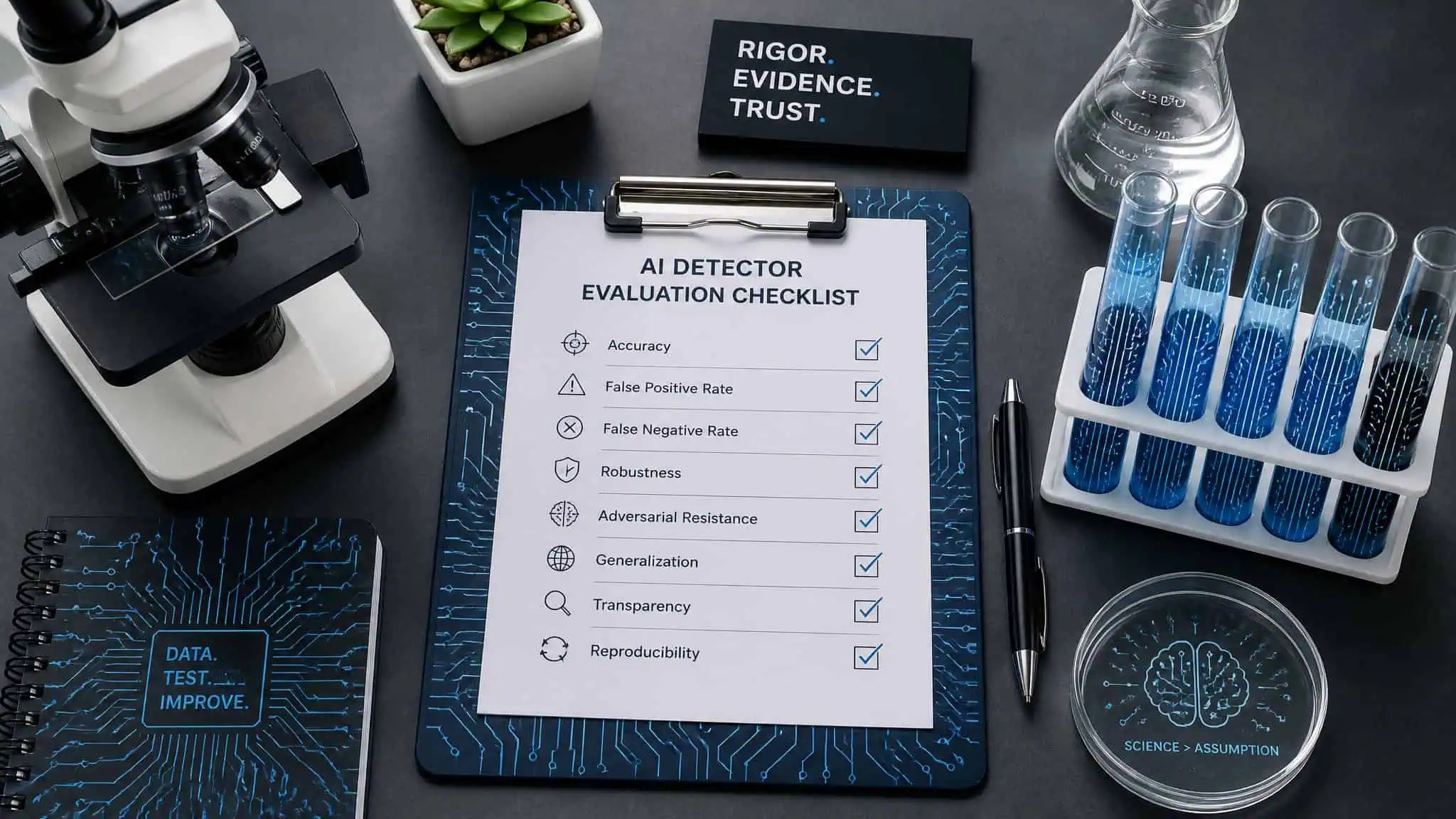 Free AI Detection Tools: 30+ Tested, These 4 Actually Work 3 Laboratory bench with digital circuit patterns on equipment representing AI detector testing