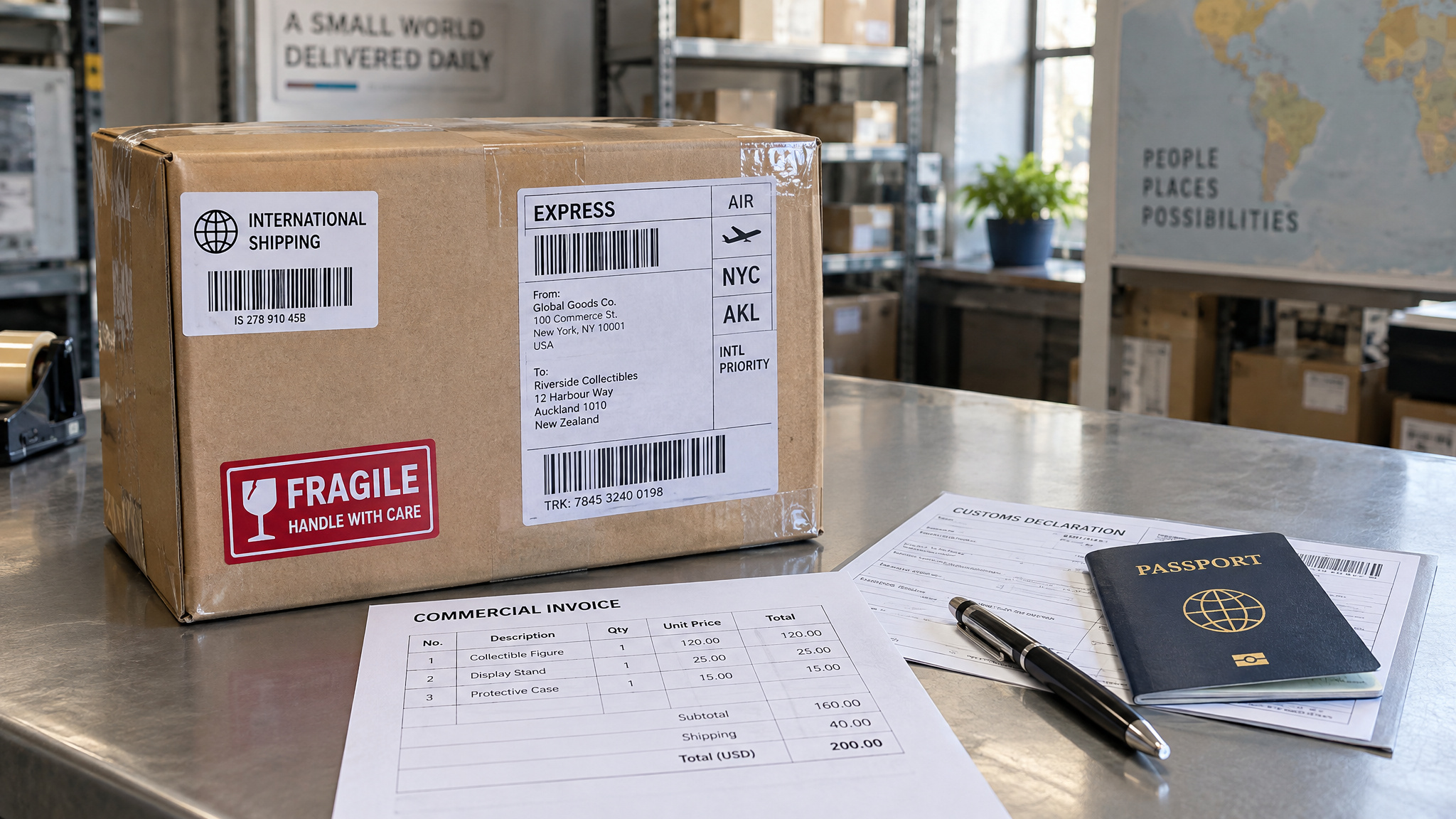 How to Ship Collectibles: The Four-Layer Packing System That Keeps Value Intact 3 Commercial invoice and customs paperwork prepared for an international collectible shipment awaiting carrier pickup