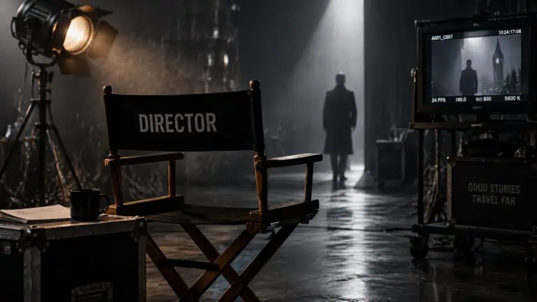 Film director's chair on a movie set with professional lighting and camera equipment, silhouette of a person in the background, cinematic atmosphere.