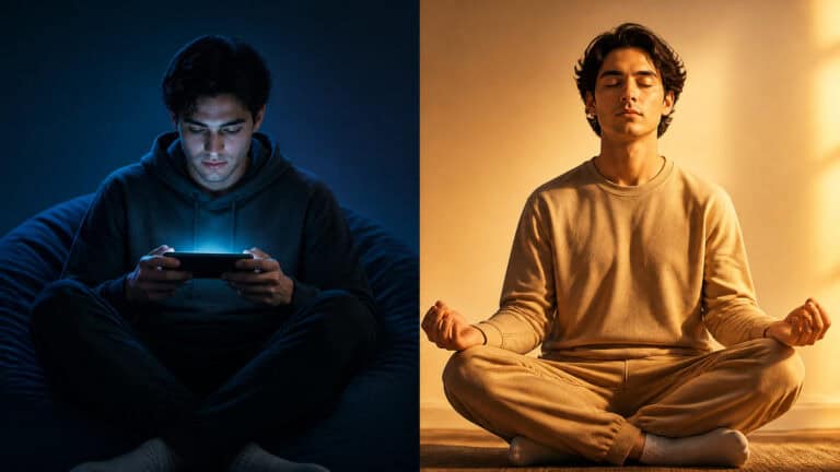 Side-by-side images of a young man using a smartphone in a dark room and meditating in a bright room, showcasing technology and mindfulness.