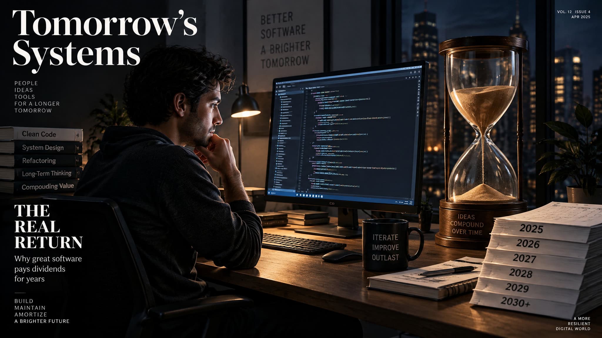 A developer working late at night on a computer with code displayed, surrounded by a large hourglass and city skyline view, emphasizing innovation and technology.