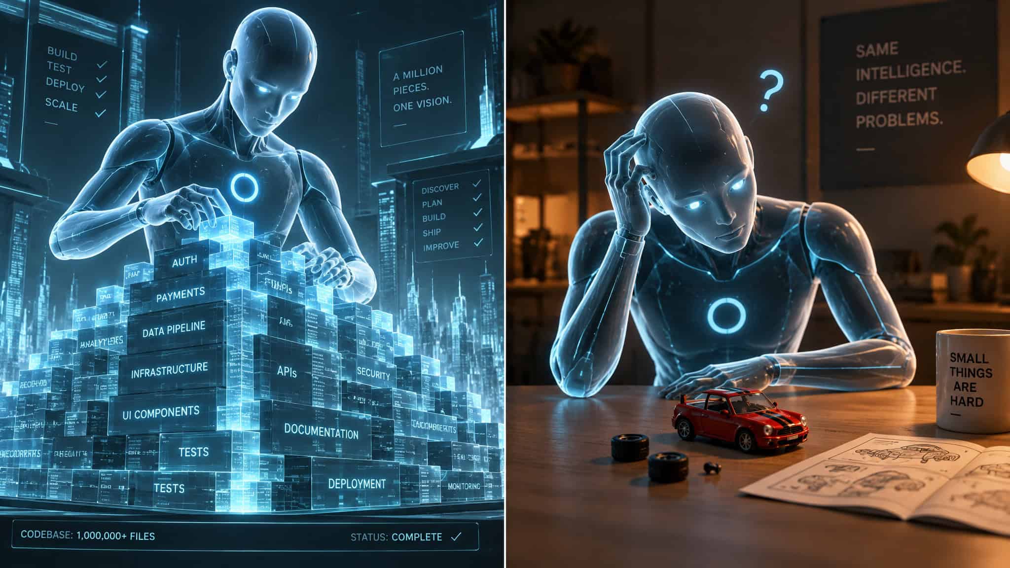 Andrej Karpathy: You Can Outsource Your Thinking — But Not Your Understanding 2 Jagged intelligence shown as an AI model mastering code while failing the car wash test